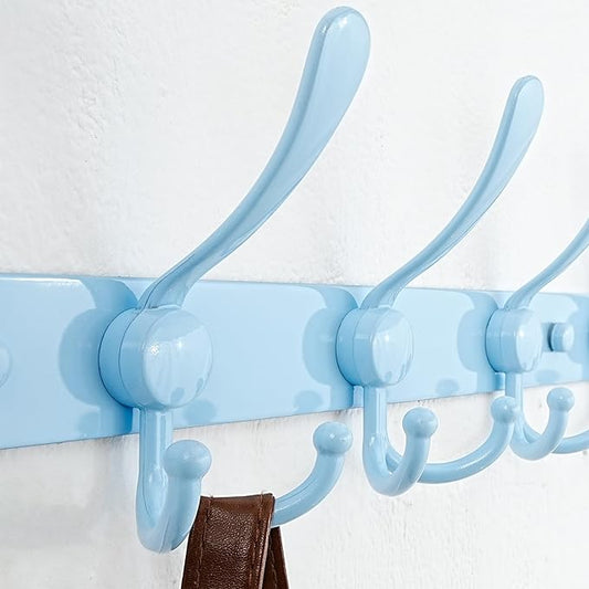 Dseap Coat Rack Wall Mount - 38” Long 10-Tri-Hooks Heavy Duty Coat Hanger Rail Wall Hooks for Hanging Coats Hats Clothing Clothes Purse Mudroom Entryway, Blue