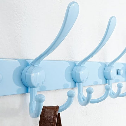 Dseap Coat Rack Wall Mount - 29.5” Long 8-Tri-Hooks Heavy Duty Coat Hanger Rail Wall Hooks for Hanging Coats Hats Clothing Clothes Purse Mudroom Entryway, Blue, Pack of 2