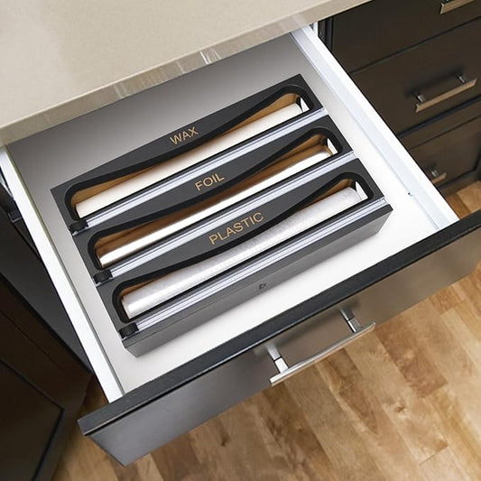 Bamboo Wrap Dispenser with Cutter, Plastic Wrap Organizer, Aluminum Foil Organization, and Wax Paper Dispenser Holder for Kitchen Drawer and Wall, Compatible with 12" Roll (01 Black)