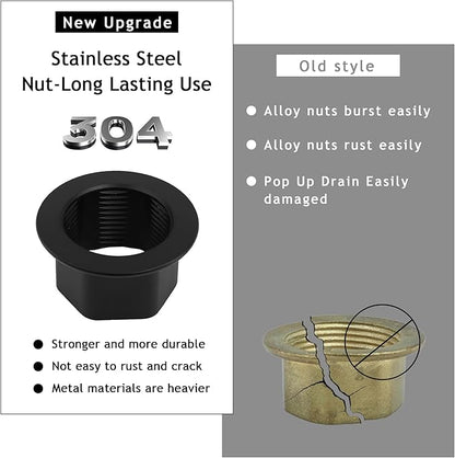 Bathroom Sink Drain,Drain Stopper Bathroom Sink Without Overflow,Pop Up Drain Assembly with Detachable Strainer Basket,Built-in Anti-Clogging, Stainless Steel Nut Mattle Black