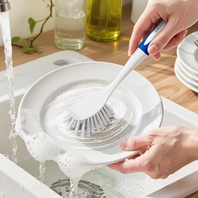 Amazer 4 Pack Dish Brush with Handle, Kitchen Scrub Brushes for Cleaning, Straw Cleaner Brushes for Water Bottle, Dish Scrubber with Stiff Bristles for Sink