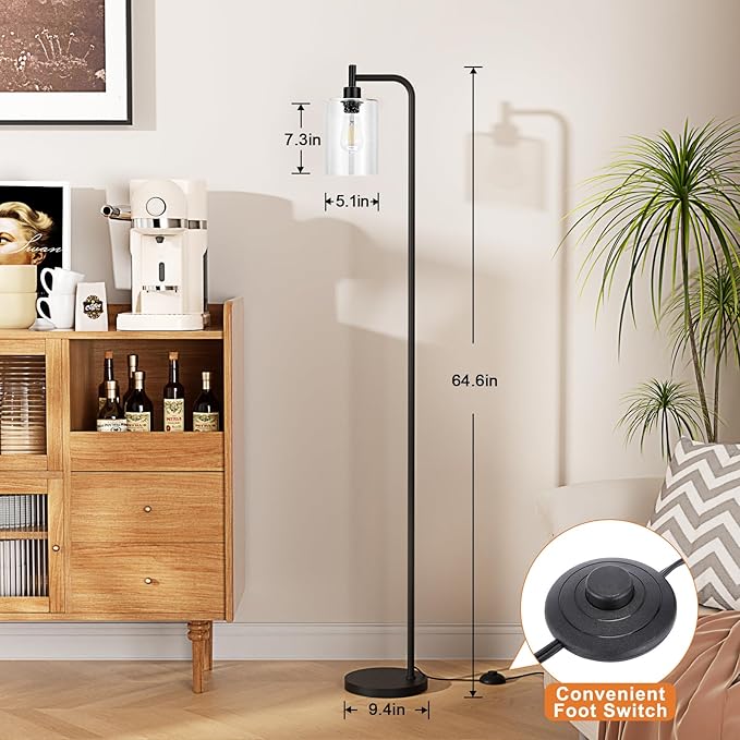Floor Lamps for Living Room - Standing Lamp with Seeded Glass Shade, Modern Floor Lamp with LED Bulbs, Industrial Floor Lamp for Bedroom, Black Tall Lamp for Office(Light Bulb Included)