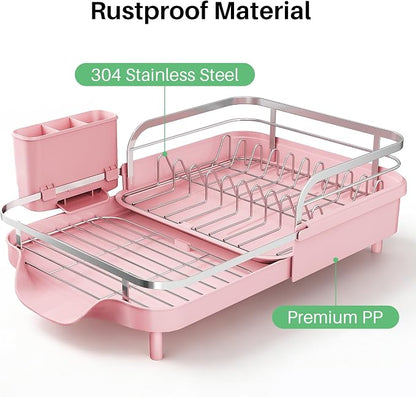 SNTD Dish Drying Rack, Expandable Dish Rack for Kitchen Counter, Stainless Steel Dish Drainer with Drainboard Set and Utensil Holder (Pink)