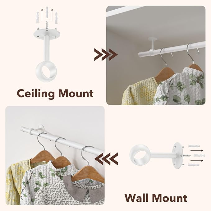 Closet Rod, Closet Rods for Hanging Clothes, 17 to 37 inch Adjustable Ceiling/Wall mounted Closet Hanging Rod, Heavy Duty Clothes Rod Clothing Bar, Closet Poles for Hanging Clothes for Wardrobe