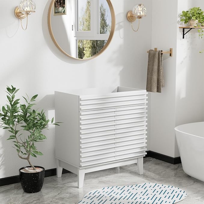 ROOMTEC 30" Bathroom Vanity, Mid-Century Freestanding Bathroom Cabinet Vanity with Storage, Particleboard Frame with Wood Grain Laminate, White(Sink Basin Not Included)