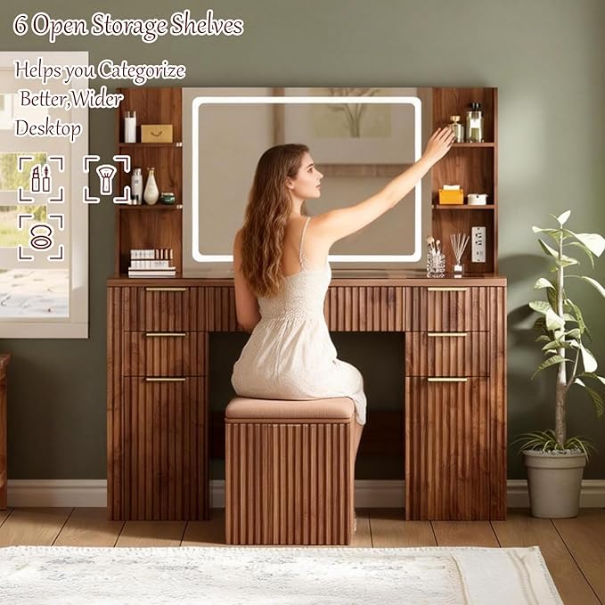 47.2" Fluted Makeup Vanity Desk with Large 28.7" Mirror and Lights, 5 Drawer Vanity with Power Strip, 6 Open Shelves, 2 Cabinet, Modern Bedroom Vanity Featuring Visual Transparent Glass. Walnut