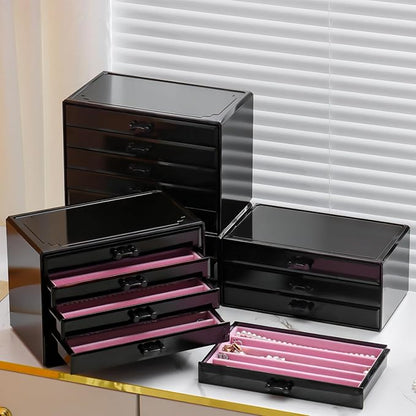 YUFONG Necklace Holder Organizer, Dustproof Necklace Box Velvet Necklace Organizer Box with Lid Clear Acrylic Dustproof Stackable Jewelry Displays for Necklaces Chain Display (Black Pink, 5 Drawer)