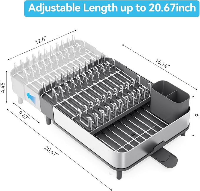 Urackify Dish Drying Rack - Dish Drainer for Kitchen Counter, Stainless Steel Dish Rack with Swivel Draining Spout & Drain Board, Expandable Space-Saving Kitchen Dish Organizer for 3-4 People, Grey