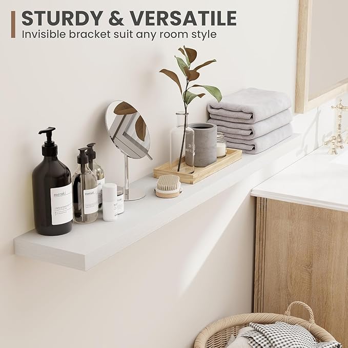 Acovy 72 Inch Floating Shelves, 8 Inch Deep Floating Shelves for Wall, Hanging Shelf with Invisible Brackets, Deep Shelves for Bathroom, Bedroom, Living Room, White, Set of 2