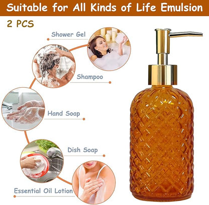 Orange Glass Soap Dispenser, 13.5oz Bathroom Hand Dispenser, Lotion Dispenser with Gold Plastic Pump for Modern Home Decor, Kitchen Countertop, Hotel(2 Pack)