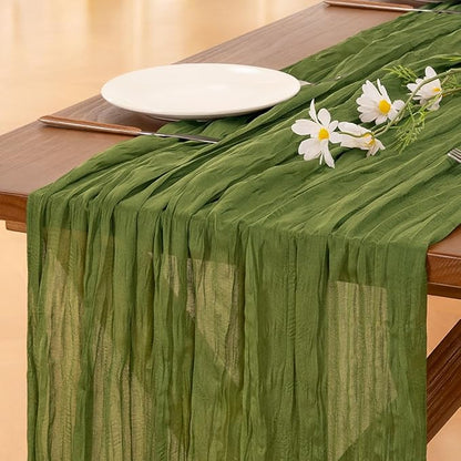 Socomi 10pcs Moss Green Valentine's Day Cheesecloth Table Runner Boho Rustic Gauze 120 inch 10FT Cheese Cloth Runner for Wedding Party Baby Shower Birthday Home Decor Holiday Decorations