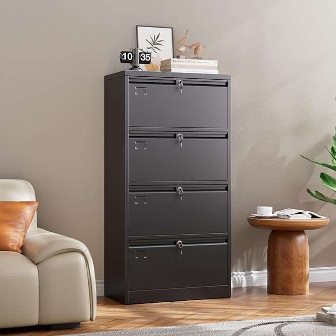 57.17"H Lateral File Cabinet with 4 Drawer,Metal Wide Filing Cabinet with 4 Locks and Business Card Slot for Home Office School Hanging Letter/Legal/F4/A4 Size Folders,Required Assembly,Black
