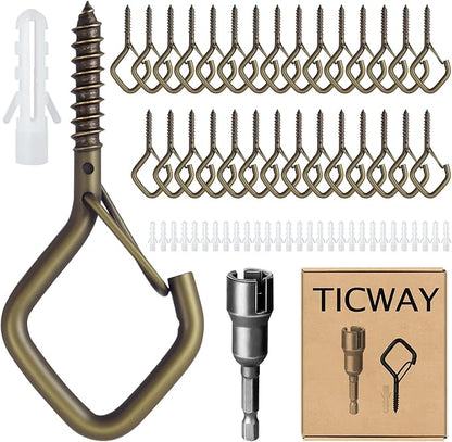 30 Pcs Outdoor Hooks for String Lights,Screw Hooks for Hanging Plants,Ceiling Hooks with Safety Buckle,Square Hanger for Wind Chimes,Bird Feeder,Lanterns,Christmas Decorations Bronze