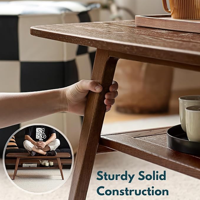 100% Solid Wood Coffee Table with Storage Shelf, 2-Tier Wooden Center Table for Living Room, Farmhouse Rustic Rectangle Table, Easy Assembly, 39.37inch