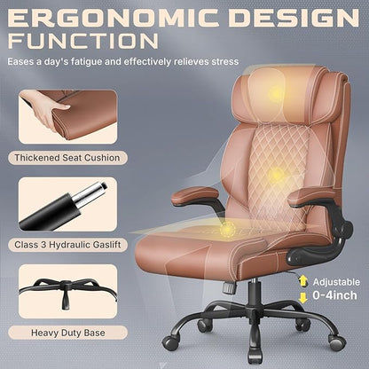 Office Chair-Executive High Back Breathable Comfy Desk Chair with Flip-up Armrests Lumbar Support-Ergonomic Leather Rolling Swivel Chair with Rock Function for Working Studying Gaming