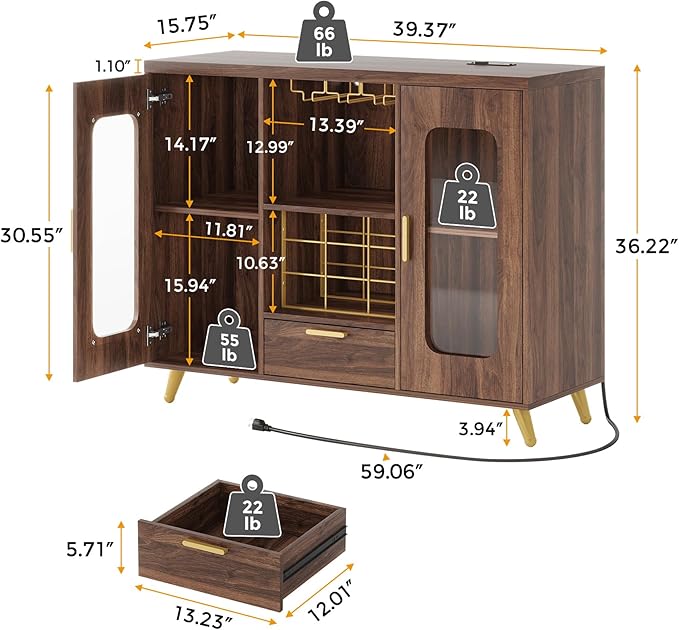 Bar Cabinet with Power Outlets, Modern Coffee Bar Sideboard with LED Light, Farmhouse Liquor Cabinet with Wine Rack, Glass Holder & Wine Storage, Walnut