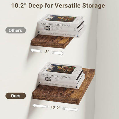 Vivelove 10 Inch Deep Floating Shelves 10 inch Long, 10 x 10 Wide Wall Shelves with Invisible Brackets, for Bedroom Bathroom Living Room Kitchen Office, Farmhouse Home Decor, Set of 2, Rustic Brown