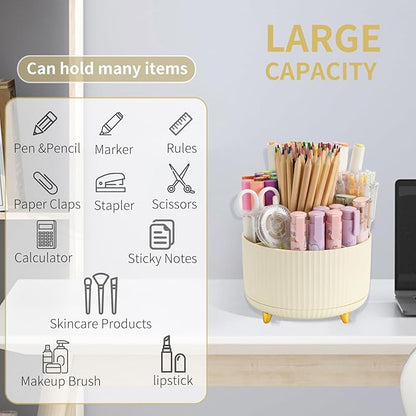 Camelmother Pen Holder For Desk With 5 Slots 360°Rotating Pencil Holder Makeup Organiezr Teacher Supplies Office decor (beige)