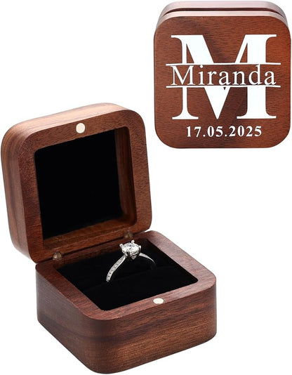 Custom4U Custom Initial Wooden Ring Box 2 Slots Vintage Square Wedding Holder for Proposal Custom Name Ring Bearer for Ceremony Jewelry Gift