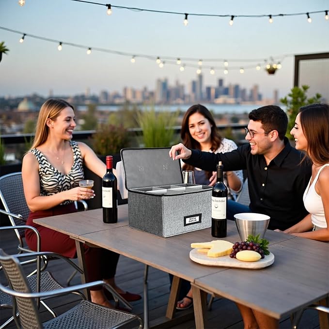 HURZMORO Wine Glass Storage Box with Dividers, Holds 6 Red or White Wine Glasses, Hard Top and Sides,6 Compartment Stemware Storage Container, Grey