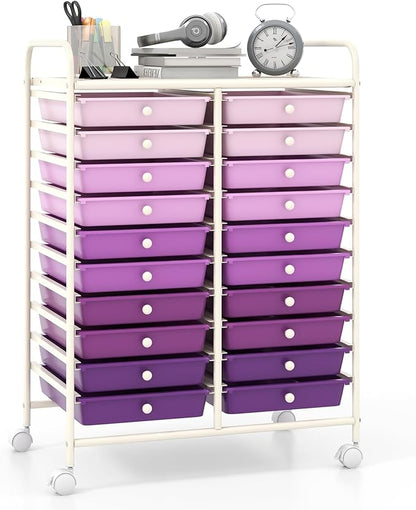 Giantex 20 Drawers Rolling Cart, Mobile Storage Drawer Cart, Classroom Organizer Cart for Office School Supplies Tools Scrapbook Paper Craft Small Printer, Utility Cart on Wheels, Gradient Purple