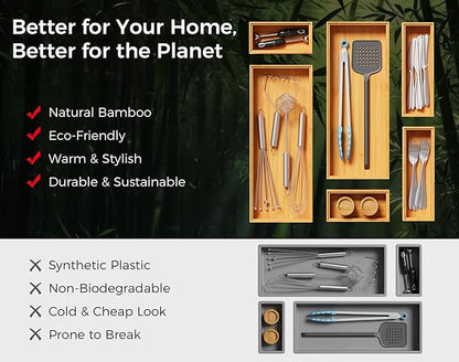 Bamboo Kitchen Drawer Organizer Boxes – 14" x 5" Stackable Wood Silverware Utensil Tray for Drawers Bins Cutlery & Flatware Storage – Wooden Pantry Organizers Set of 2 for Junk Drawer Bathroom Rv