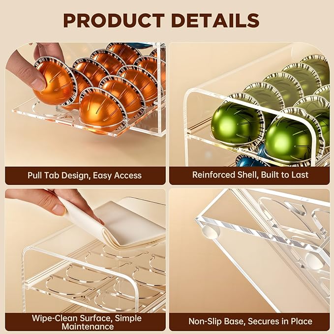 Acrylic Coffee Pod Holder for Nespresso Vertuo Pods, Countertop Coffee Capsule Storage Organizer, Coffee Drawer for Espresso Accessories, Coffee Gift for Coffee Lovers(Clear_30 Pods)