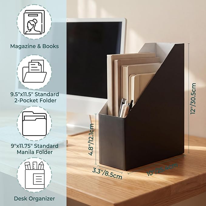 EXYGLO 6 Pack Black Magazine File Holder, Cardboard Magazine Rack with Label, Foldable Storage Organizer Box for Book, Documents, 10x3.3x12 Inches