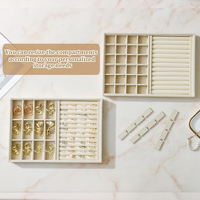 Large Velvet Jewelry Tray 2 Pack Stackable Jewelry Display Drawer Inserts Trays Organizer for Earring Bracelet Necklace Ring (Beige, Ring and 24 Grids)