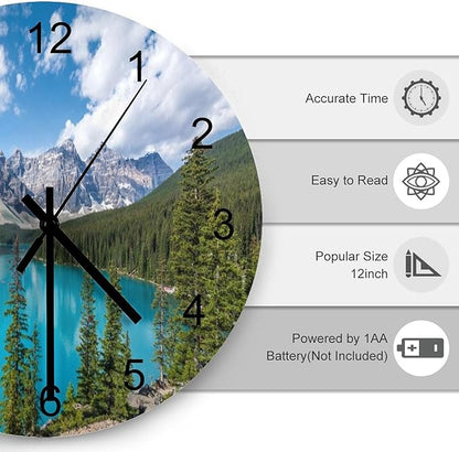 Scenic Nature Wall Clock 12 Inch Silent Non Ticking Clock Wooden, Natural Landscape Lake Mountain Forest Tree Woodland Scenery Wall Clock Battery Operated Kitchen Bedroom Living Room Decor
