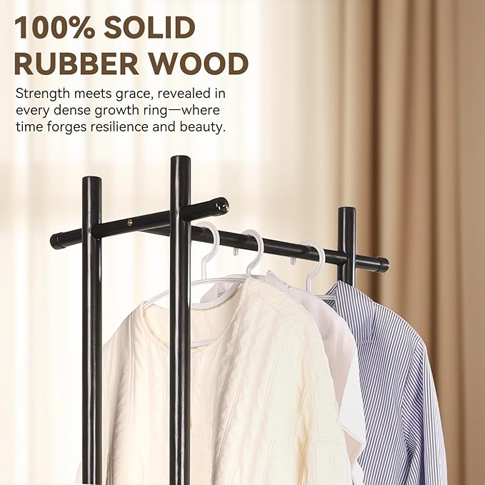 Wood Coat Rack Freestanding Clothing Rack with 3 Storage Shelves and 5 Hooks Coat Tree Heavy-Duty Garment Rack for Corner Entryways Living Rooms and Bedrooms, Black