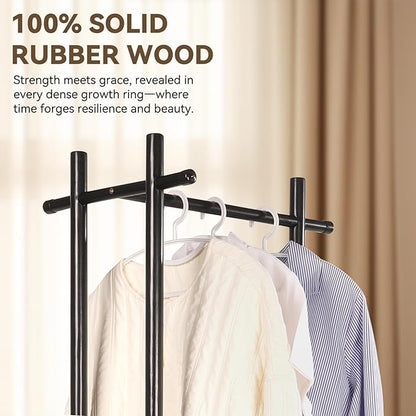 Wood Coat Rack Freestanding Clothing Rack with 3 Storage Shelves and 5 Hooks Coat Tree Heavy-Duty Garment Rack for Corner Entryways Living Rooms and Bedrooms, Black