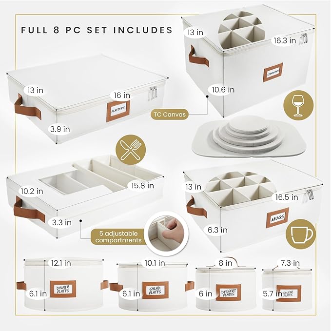 HOMELUX THEORY Hard Shell China Storage Containers, 8pc Ivory Mug & Plate Storage Box, Kitchen Storage Bins W/Lids, Heavy Duty Moving Box with Handles for Dishes, Glassware, Silverware, Cup & Mug