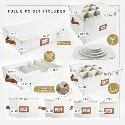 HOMELUX THEORY Flatware Storage Hard Shell China Storage Containers - Ivory Silverware Organizer, Cutlery & Silverware Storage Box with 5 Dividers & Lid, Packing Heavy Duty Moving Box with Handles