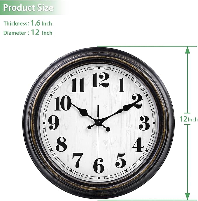 45MinST 12 Inches Retro Wall Clock, Silent Non Ticking Battery Operated Movement, Decor for Home/Wall Decor, Easy to Read, Decorate for Bedroom Living Room Office(Balck Gold)