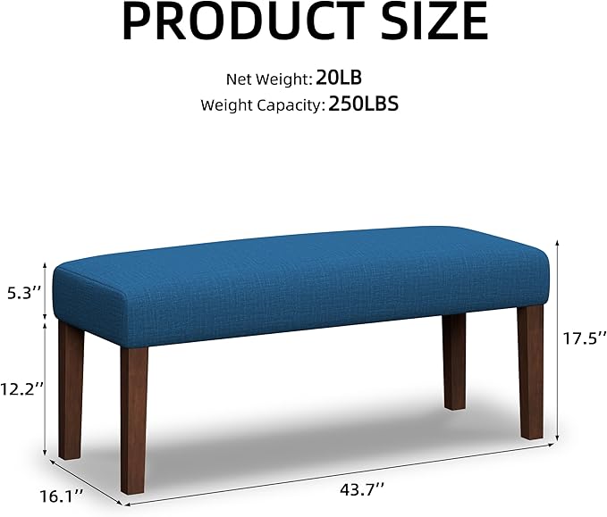 44" Bedroom Bench, Fabric End of Bed Bench, Entryway Benches, Upholstered Ottoman Bench with Wood Legs for Kitchen, Indoor, Living Room and Hallway (Blue)