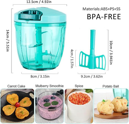 Ourokhome Manual Food Processor Vegetable Chopper, Portable Hand Pull String Garlic Mincer Onion Cutter for Veggies, Ginger, Fruits, Nuts, Herbs, etc., 900ml, Blue