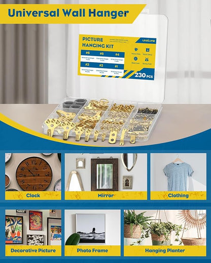 Uniclife 230 Pcs Picture Hanging Kit, 10 lb, 20 lb, 30 lb, 50 lb, 75 lb, 100 lb Heavy Duty Picture Hooks with Nails, D Ring Picture Hangers Sawtooth Picture Hangers & Picture Hanging Wires with Screws