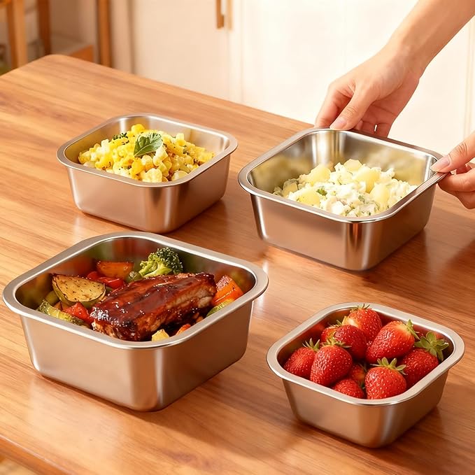 4-Piece Stainless Steel Lunch Box with Lids Set, Stackable Metal Food Storage Containers, Leakproof Lunch Containers, Dishwasher Safe Bento Box, Snack Containers (Size 4.5", 5.5", 6.3", 7")