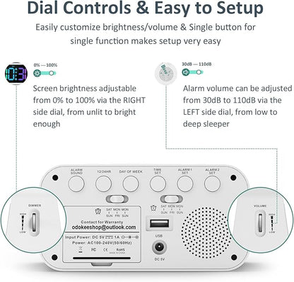 Dual Colorful Alarm Clock for Kids Bedroom - 0-100% Dimmer, 5 Alarm Sounds, USB Charger, Easy to Set, Weekday/Weekend Mode, Snooze, 12/24Hr, Battery Backup, Digital Clock for Teens Boys Bedside