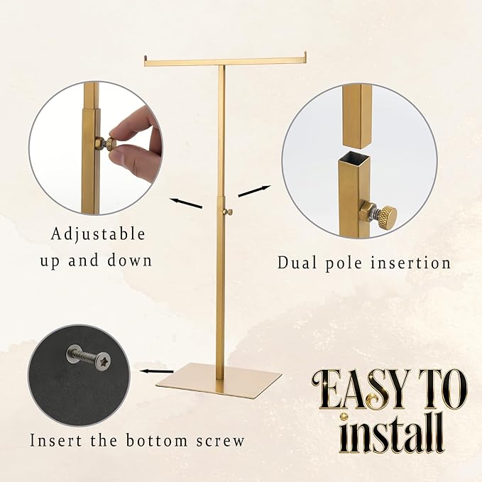 Display Stand Stainless Steel Jewelry Towers Bag Stand Tabletop Double Hook Hanging Jewelry Stands for Necklaces Organizer Stand Adjustable Height Home Store Boutique, Gold