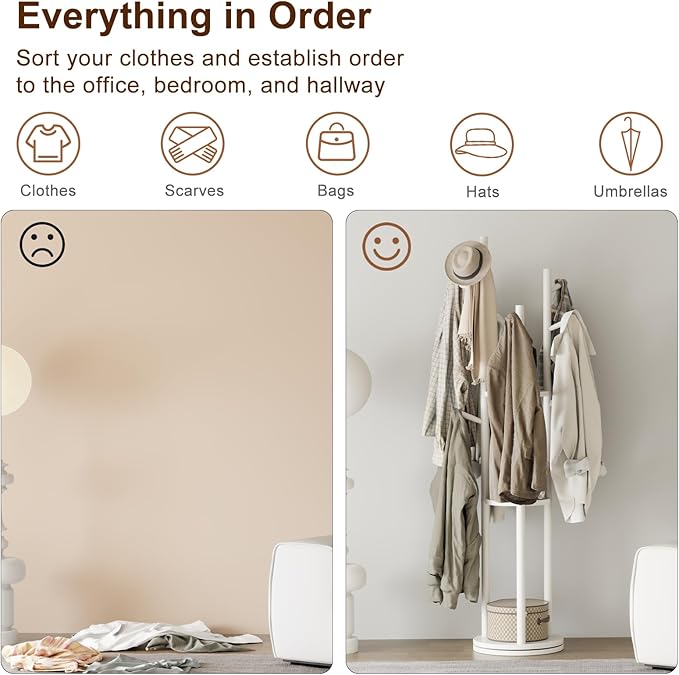 Muwuele Solid Wood Rotary Coat Rack, Freestanding Coat Rack with 3 Shelves and 9 Hooks, Coat tree for Bedroom, Entryway, Livingroom, Coat Hanger Stand for Coats, Scarves, Handbags (White)