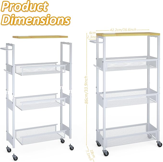 Vincona 7.1" Wide Slim Storage Cart on Wheels, 4 Tier Metal Narrow Rolling Cart with Handle and Wood Top, Multifunctional Small Mobile Shelf Unit Organizer Trolley for Laundry, Bathroom, Kitchen