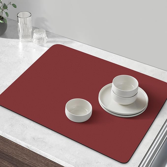 WISELIFE Coffee Mat Super Absorbent Dish Drying Mat Coffee Bar Accessories Match with Machine Large Drying Mats for Kitchen Counter 16" W x 24" L, Red