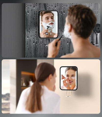 Lighted Shower Mirror Fogless for Shaving with Light, 5000mAh Heated Fogless Mirror for Shower, Detachable Razor Holder and Suction Cup for Wall, NO-Drilling, Waterproof for Bathroom (Black)