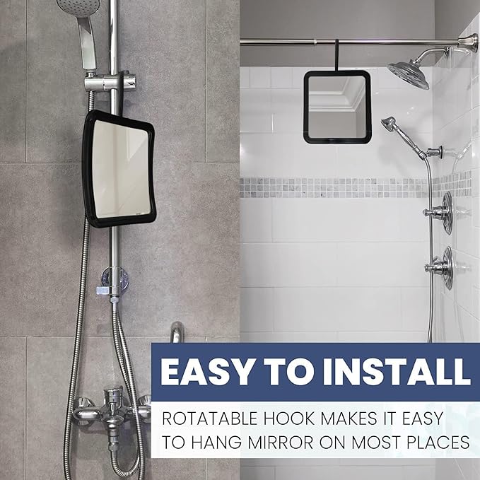 MIRRORVANA Hanging Fogless Shower Mirror for Shaving with 360° Rotatable Swivel Hook - Anti Fog and Shatterproof 6.3" x 6.3" Surface (Black)