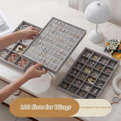 Large Velvet Jewelry Tray 2 Pack Stackable Jewelry Display Drawer Inserts Trays Organizer for Earring Bracelet Necklace Ring (Gray, Ring 81 Slots)