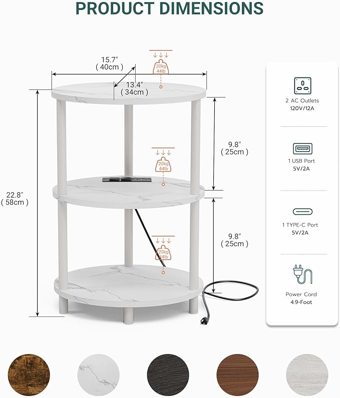 Small Round Side Table - 3-Tier Oval Accent Table for Small Spaces, Rustic Wood and Metal Nightstand for Living Room or Bedroom, with Built-in USB Ports and Power Outlet, Marble White