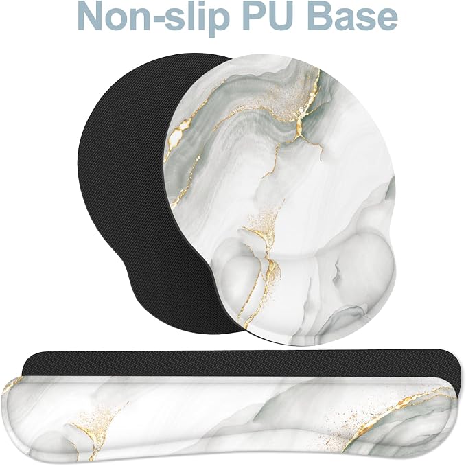 Ergonomic Mouse Pad with Wrist Rest and Keyboard Wrist Rest, Mousepad and Wrist Rest for Computer Keyboard, Pain Relief, Non-Slip Rubber Base, Mouse Pad with Wrist Support for Gaming, White Marble