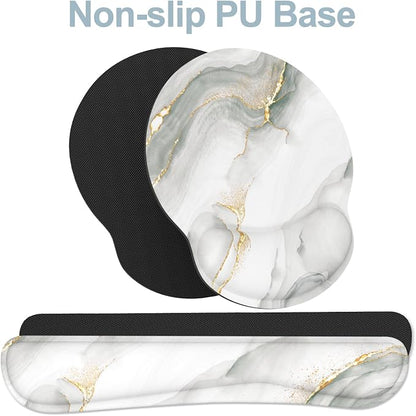 Ergonomic Mouse Pad with Wrist Rest and Keyboard Wrist Rest, Mousepad and Wrist Rest for Computer Keyboard, Pain Relief, Non-Slip Rubber Base, Mouse Pad with Wrist Support for Gaming, White Marble